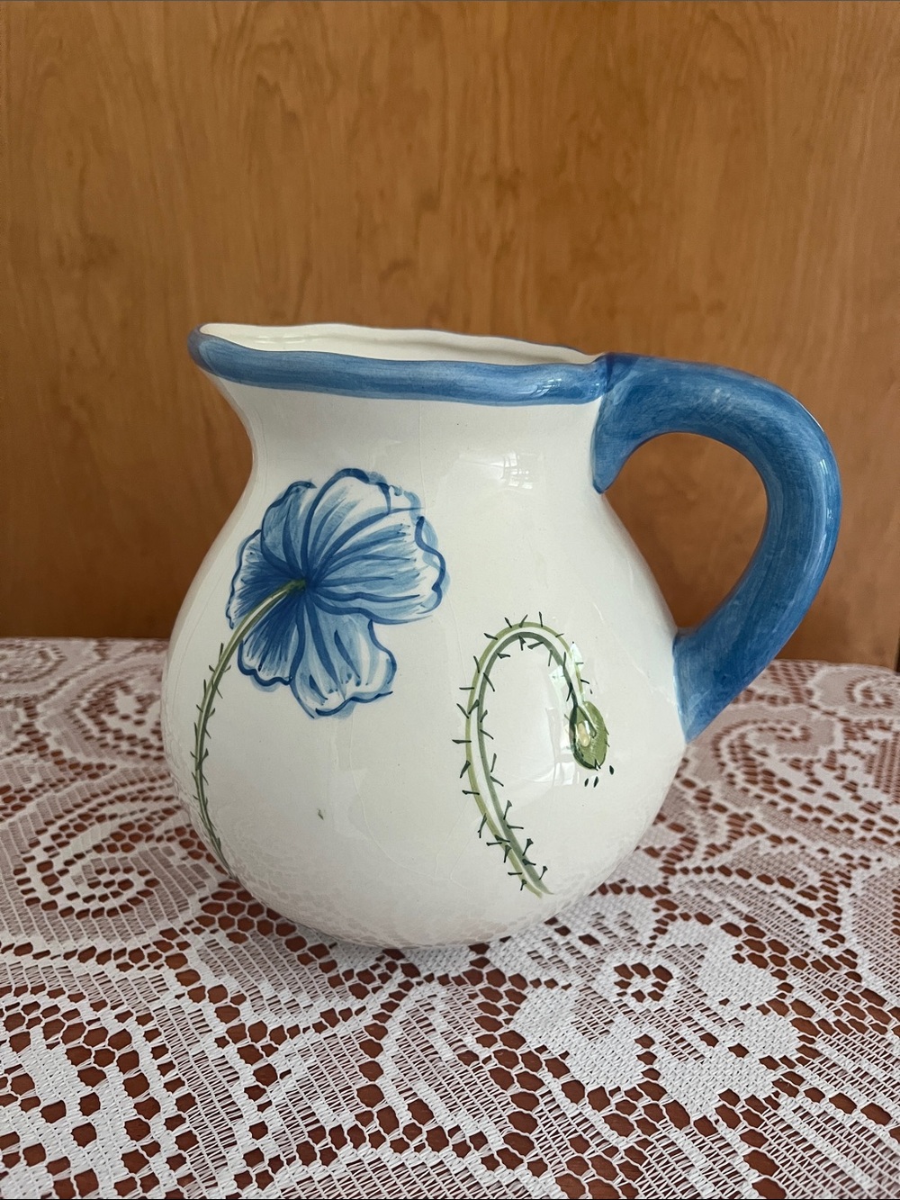 Danica Ceramic Blue Poppy Pitcher / Vase Approximately 7” High